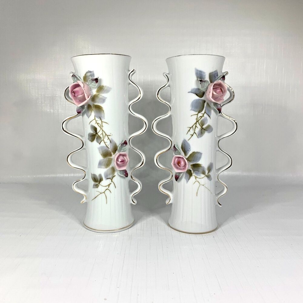 Vintage 1950s Cottagecore Porcelain Vases Shabby Decor Feminine Roses Set of 2
